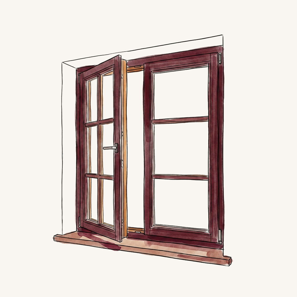 Illustrazione di una finestra in legno aperta del Sistema Rima