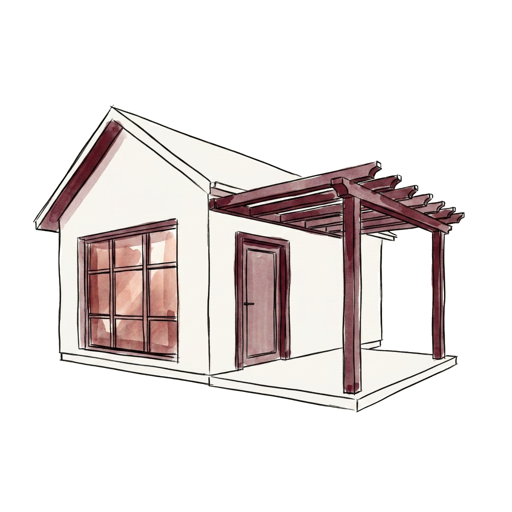 Illustrazione di una casa con serramenti, pergola e spazio outdoor